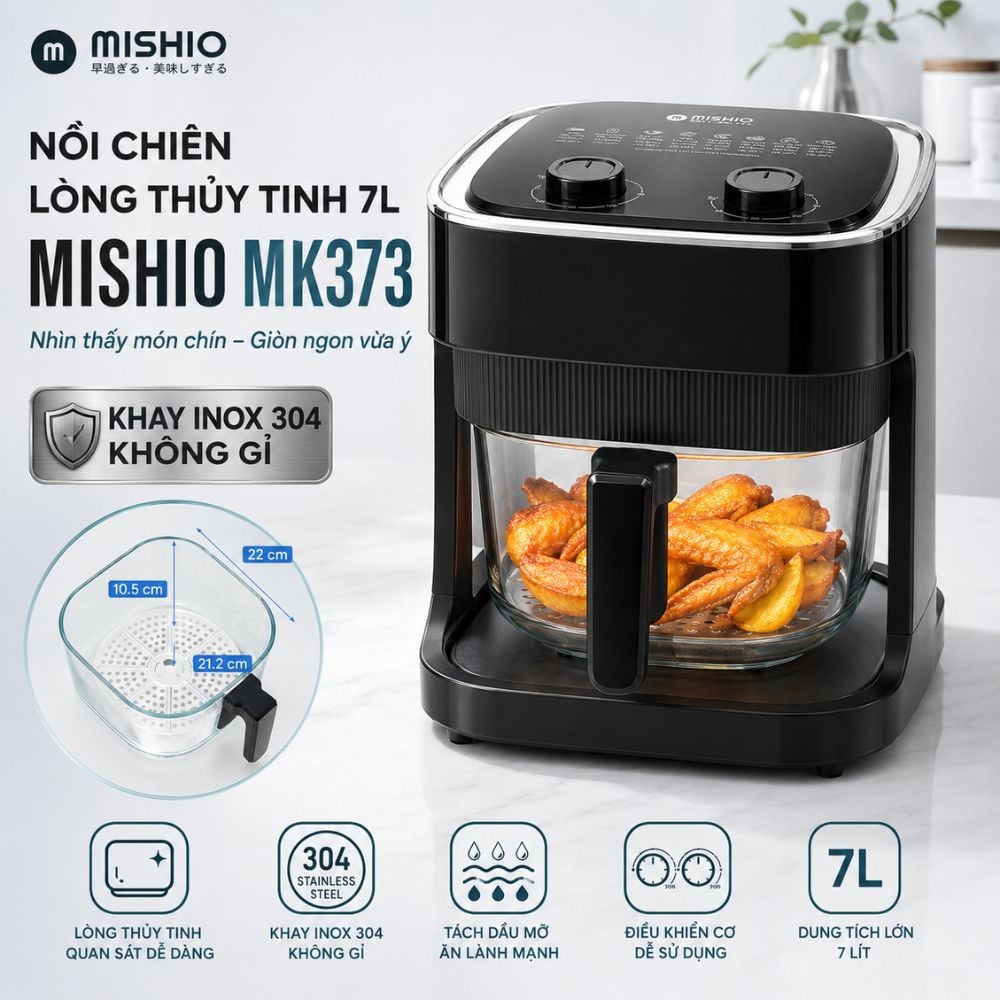 Nồi chiên không dầu thủy tinh Mishio MK373 7 lít