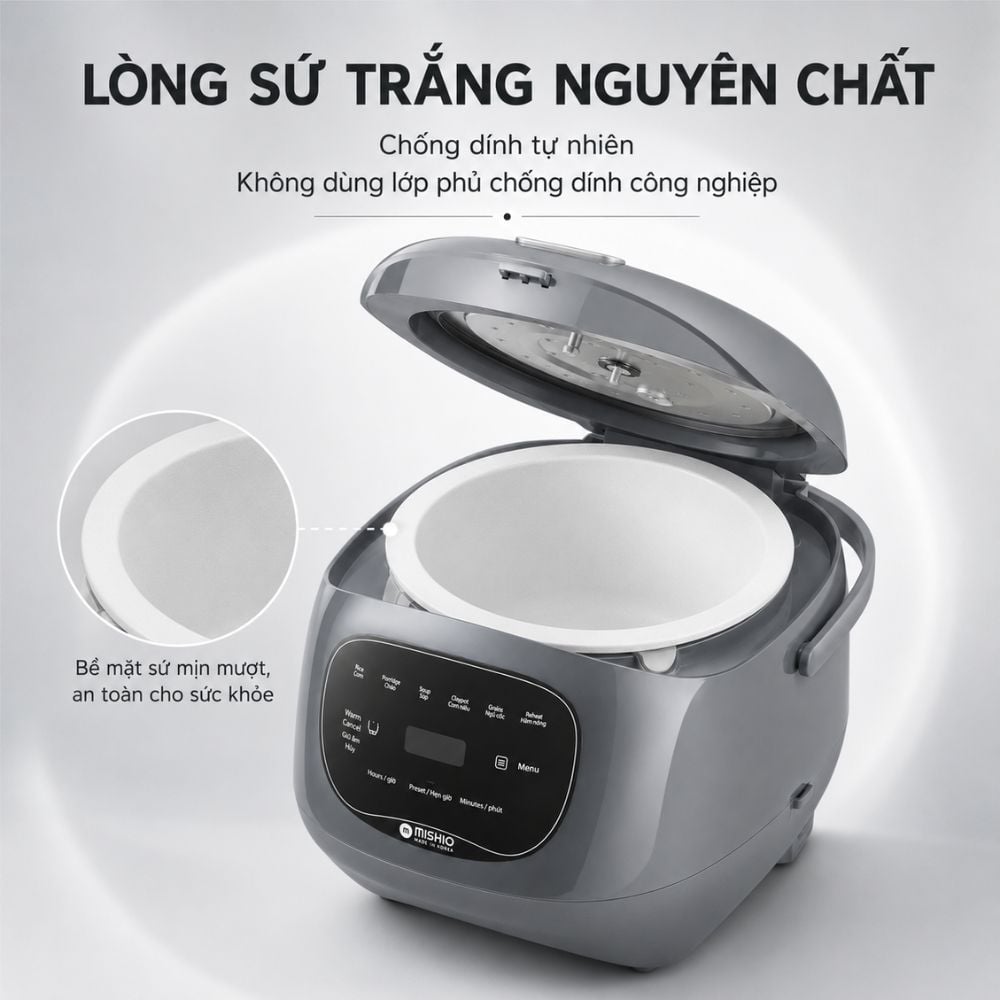 Nồi cơm điện lòng sứ dưỡng sinh 1.2L Mishio MK381