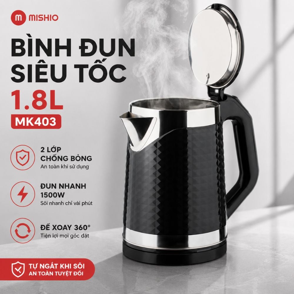 Bình đun siêu tốc Mishio MK403 / MK461 dung tích 1.8L vỏ nhựa cách nhiệt chống bỏng