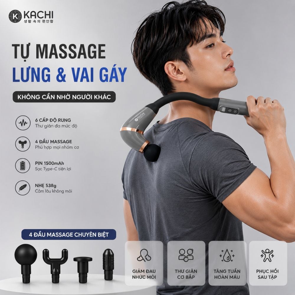 Gậy Massage Kachi MK405 – Súng Massage Cầm Tay Có Tay Nối Dài, Thư Giãn Sâu Từng Nhóm Cơ