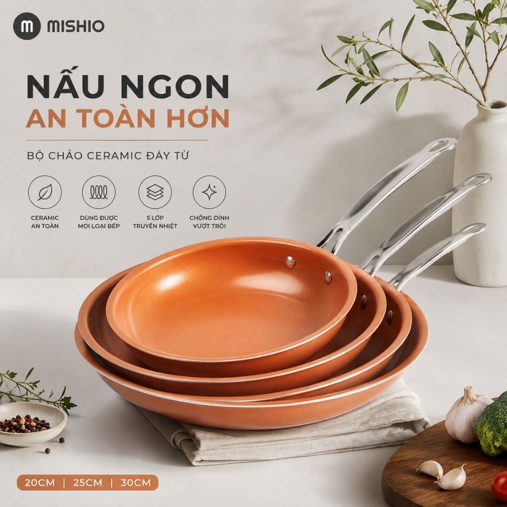 Chảo Chống Dính Đáy Từ Mishio (Size 20, 25, 30cm) MK430 MK431 MK432 - Chống Dính Gốm Cao Cấp, An Toàn Sức Khỏe, Dùng Cho Mọi Loại Bếp