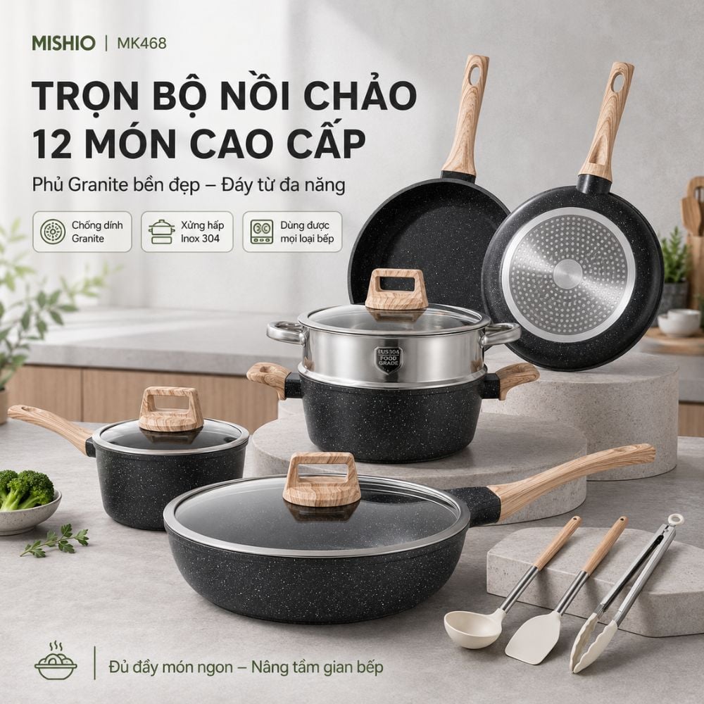 Bộ Nồi Chảo Chống Dính 12 Món Mishio MK468 – Phủ Granite Cao Cấp, Đáy Từ Đa Năng