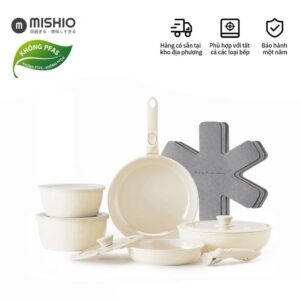Bộ Nồi Chảo Đá Gốm Chống Dính Mishio 15 Món (5 Nồi Chảo) MK467- Tay Cầm Tháo Rời Thông Minh, Không Chứa PFAS/PTFE, Tương Thích Mọi Loại Bếp