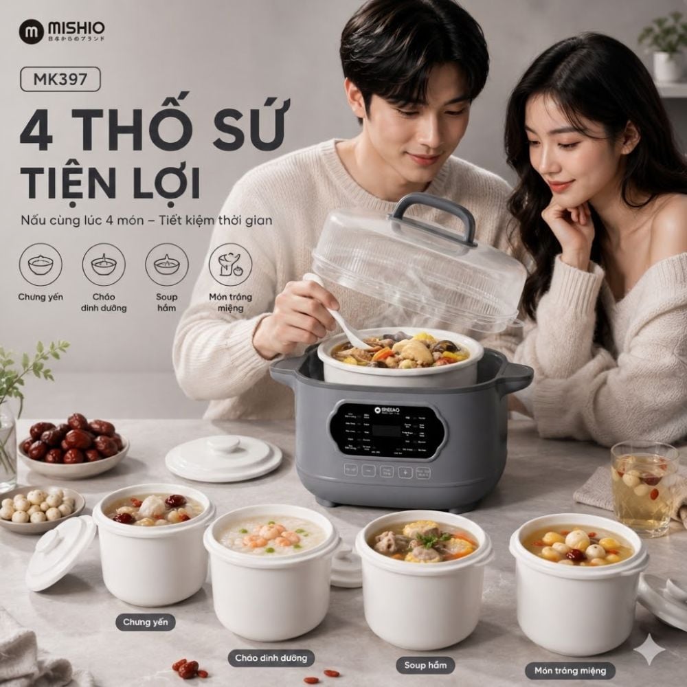 Nồi nấu chậm lòng sứ 3L Mishio MK397 kèm xửng hấp và 4 thố sứ tiện lợi không lo cháy khét hay bong tróc chống dính
