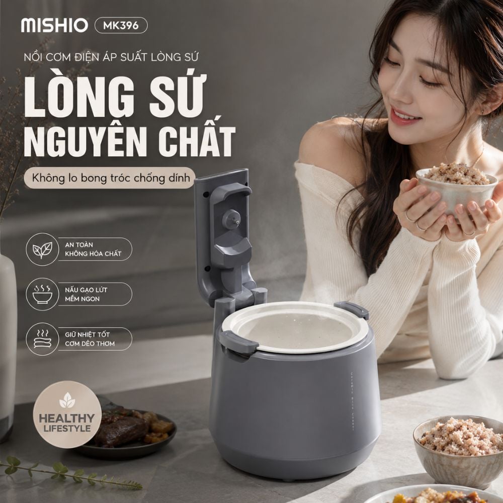 Nồi Cơm Điện Áp Suất Lòng Sứ Dưỡng Sinh Mishio MK396 dung tích 0.8L cho 1-2 người – Bí Quyết Cho Cơm Gạo Lứt