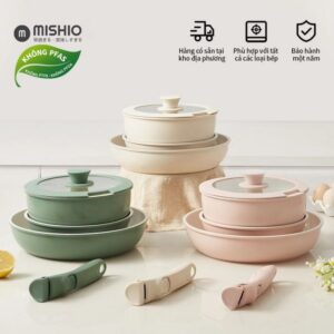Bộ 3 Nồi Chảo Đá Gốm Chống Dính Mishio 5 Món - Tay Cầm Tháo Rời, Không Chứa PFAS/PTFE/PFOA, Dùng Mọi Loại Bếp MK