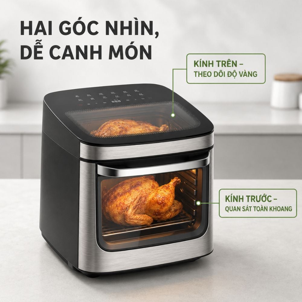 Nồi chiên không dầu Mishio MK474 12L - Cảm ứng, cửa kính quan sát