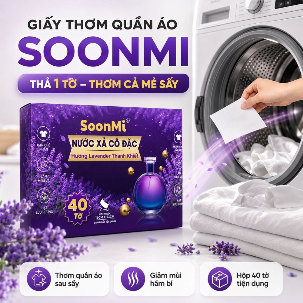 Nước xả cô đặc - Giấy Thơm Quần Áo SoonMi Hương Lavender - Nước Xả Cô Đặc Cho Máy Sấy (Hộp 40 Tờ) MK