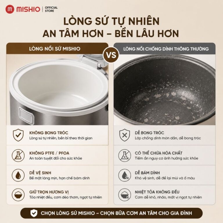 Nồi Cơm Điện Lòng Sứ 1.8Lít Mishio MK402 Không Bong Tróc Men Chống Dính Tự Nhiên