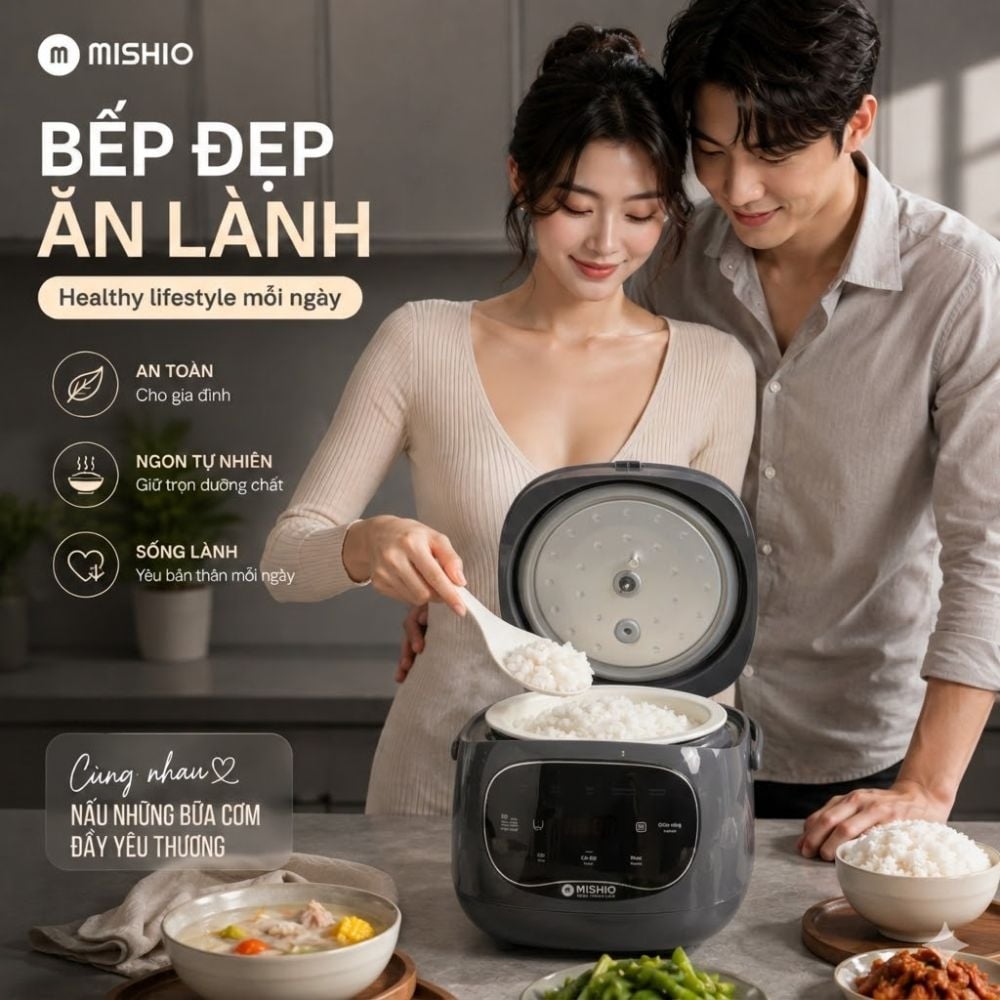 Nồi cơm điện lòng sứ dưỡng sinh Mishio MK365 chống dính tự nhiên trọn đời không bong tróc