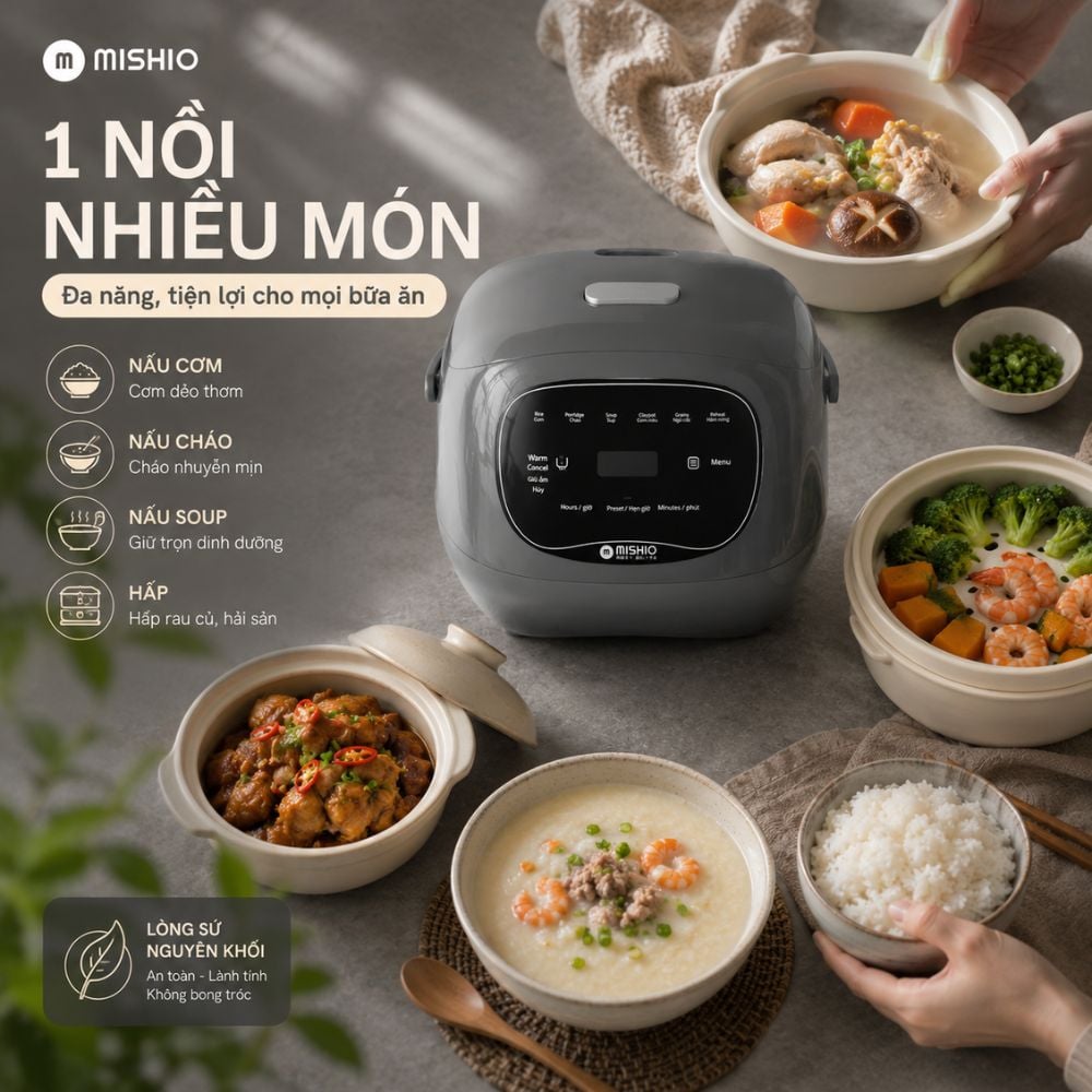 Nồi cơm điện lòng sứ dưỡng sinh 1.2L Mishio MK381
