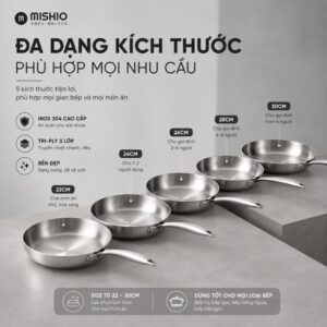 Chảo Inox đáy từ 3 Lớp Mishio (Size 22, 24, 26, 28, 30cm) MK433, MK434, MK435, MK436, MK437 – Đúc Nguyên Khối, Đáy Từ, An Toàn Vượt Trội