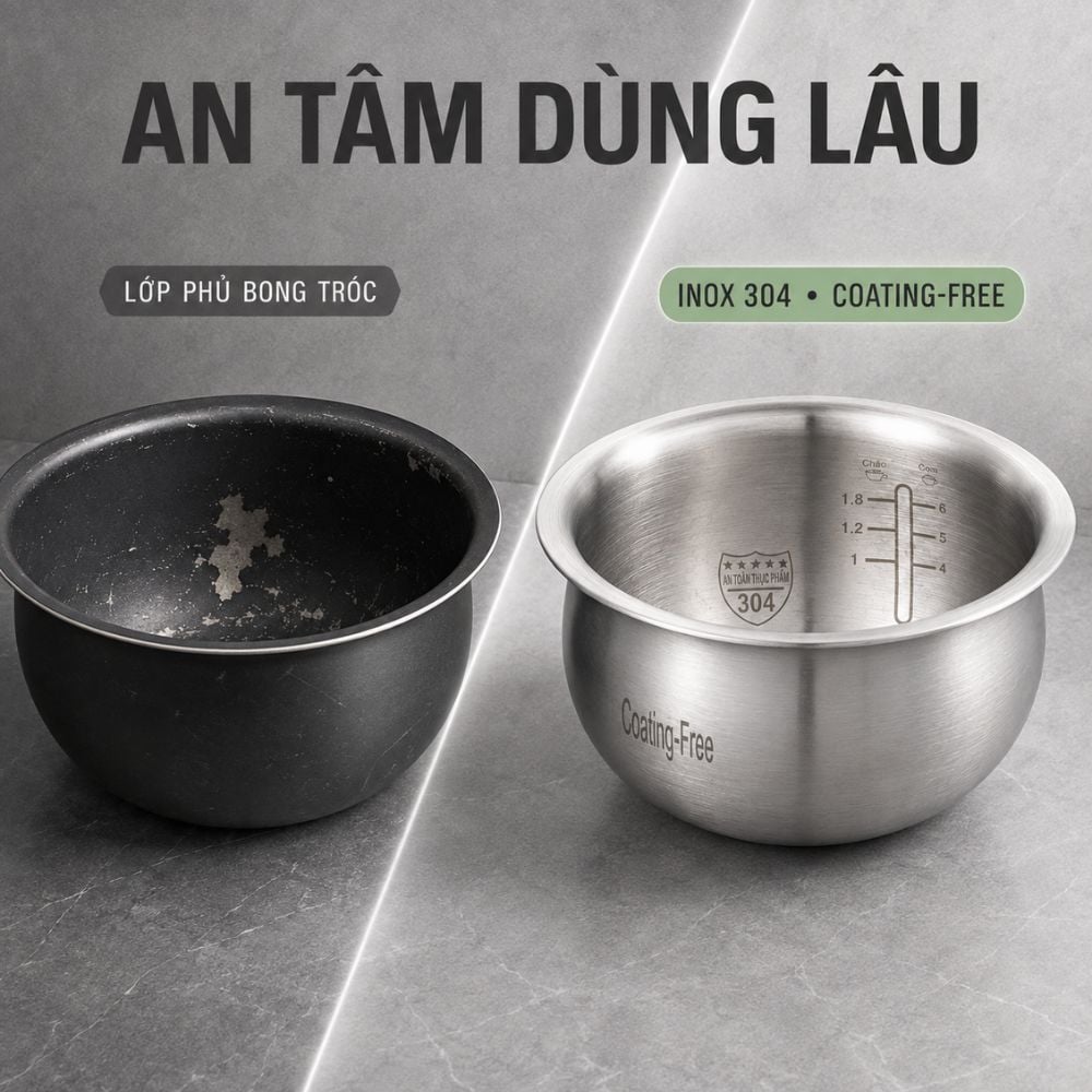 Nồi cơm điện lòng inox 304 Mishio MK451 / MK452 (1,2 / 1,8L) không phủ chống dính