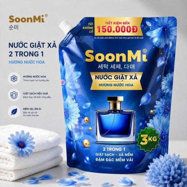 Nước Giặt Xả 2 Trong 1 Soonmi 3kg Đậm Đặc - Công Nghệ Hạt Lưu Hương Ngọc Trai Lên Tới 3 Tuần MK