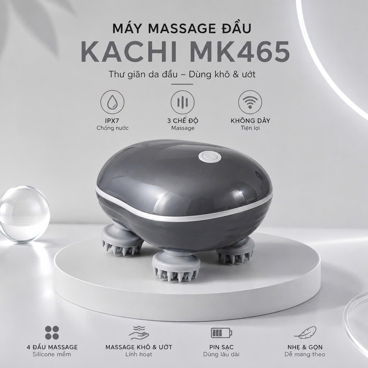Máy Massage Đầu Kachi MK465 Chuẩn Chống Nước IPX7 – Giải Pháp Gội Đầu Dưỡng Sinh & Thư Giãn Da Đầu Tại Nhà