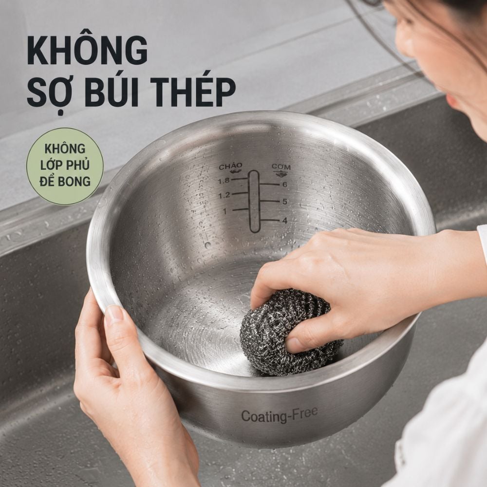 Nồi cơm điện lòng inox 304 Mishio MK451 / MK452 (1,2 / 1,8L) không phủ chống dính