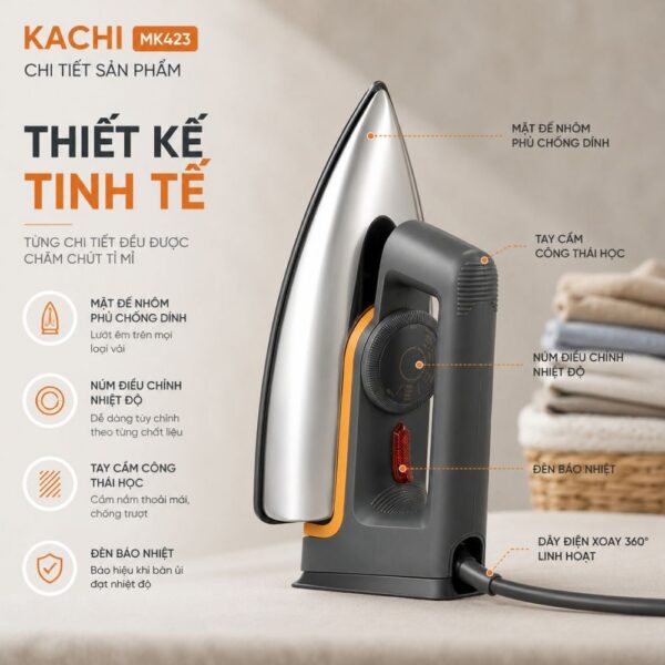 Bàn ủi khô Kachi MK423 1000W - Là phẳng mọi nếp nhăn, an toàn cho mọi loại vải