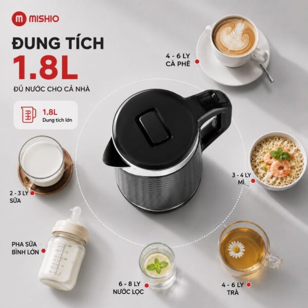Bình đun siêu tốc Mishio MK403 / MK461 dung tích 1.8L vỏ nhựa cách nhiệt chống bỏng