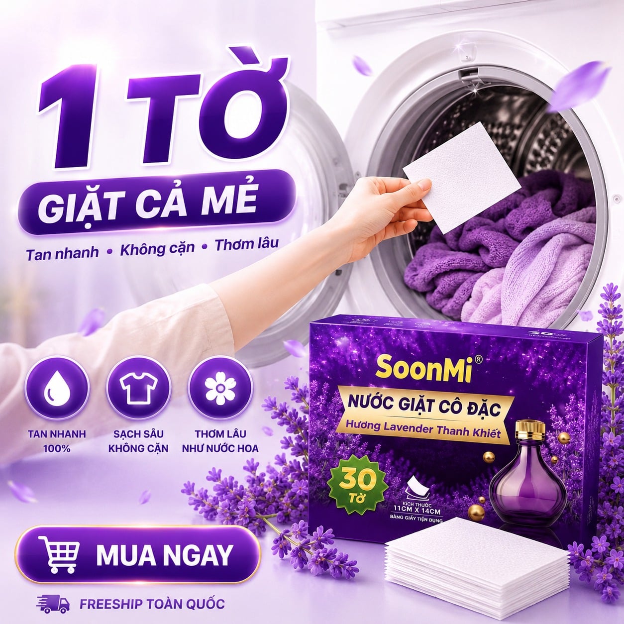 Nước Giặt Cô Đặc SoonMi Hương Lavender - Công Nghệ Giặt Tẩy Thế Hệ Mới (Hộp 30 Tờ) MK