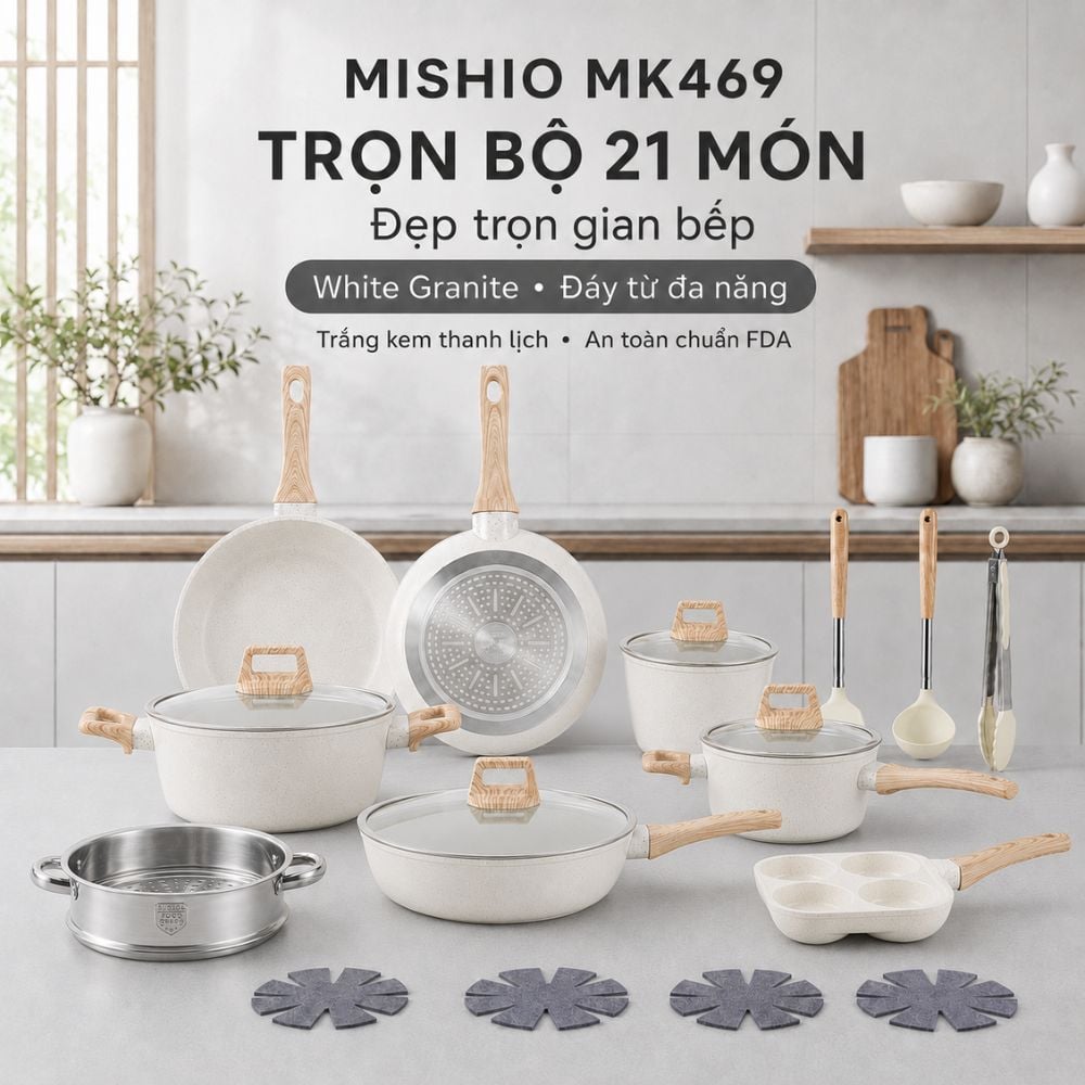 Bộ Nồi Chảo Chống Dính 21 Món Mishio MK469 – Trắng Kem Thanh Lịch, An Toàn Chuẩn FDA