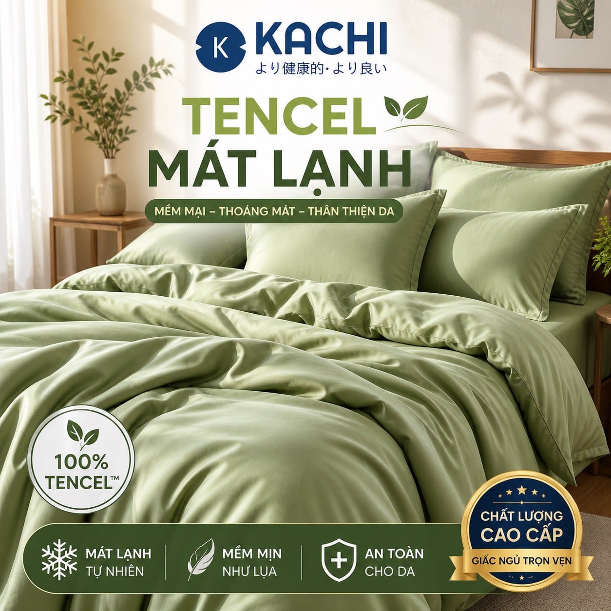 Bộ Drap Lụa Tencel 100% – Mát Lạnh, Mềm Mịn (Size 1m6/1m8 – Bọc Nệm Dày 20cm) MK445 Kachi
