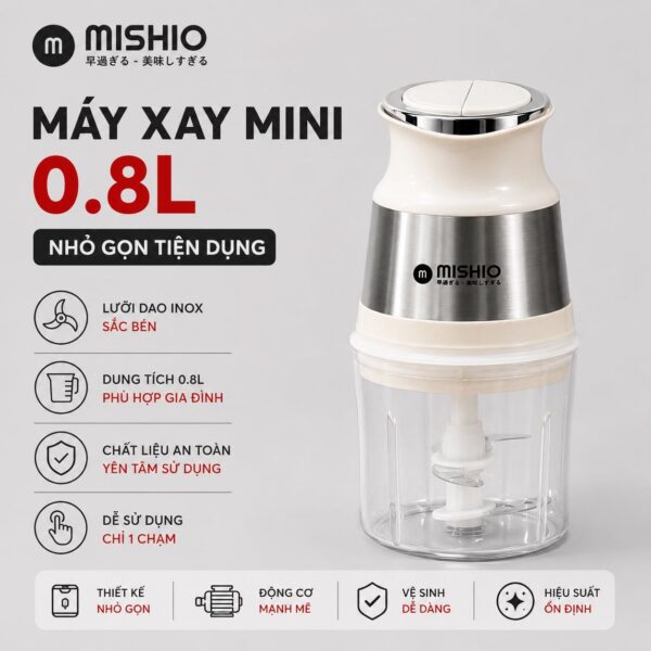Máy Xay Mini Mishio MK389 - Dung Tích 0.8L, Xay Đồ Ăn Dặm, Gia Vị, Đồ Khô, Công Suất 250W Mạnh Mẽ