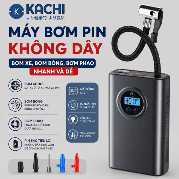 Máy bơm pin Kachi MK374 - Bơm xăm lốp ô tô, xe máy, xe đạp, phao, bóng