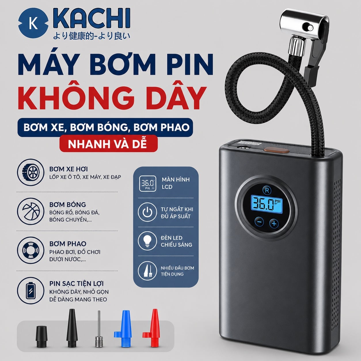 Máy bơm pin Kachi MK374 - Bơm xăm lốp ô tô, xe máy, xe đạp, phao, bóng