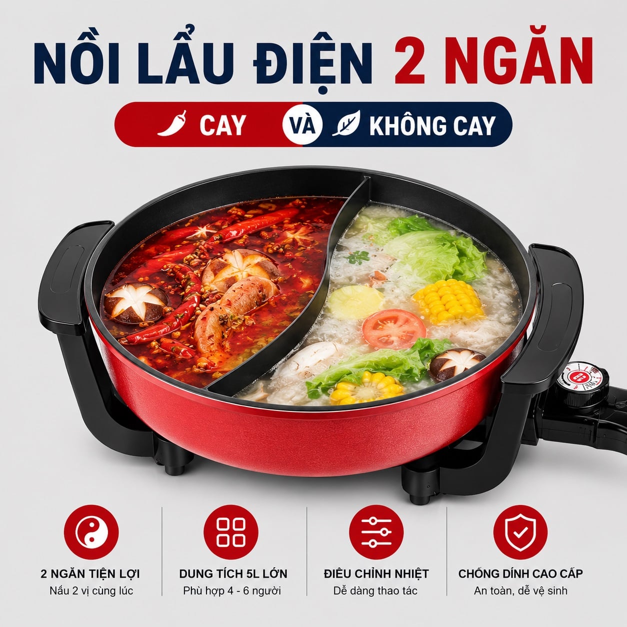 Nồi Lẩu Điện 2 Ngăn Mishio Mk112 5L - Màu Đỏ