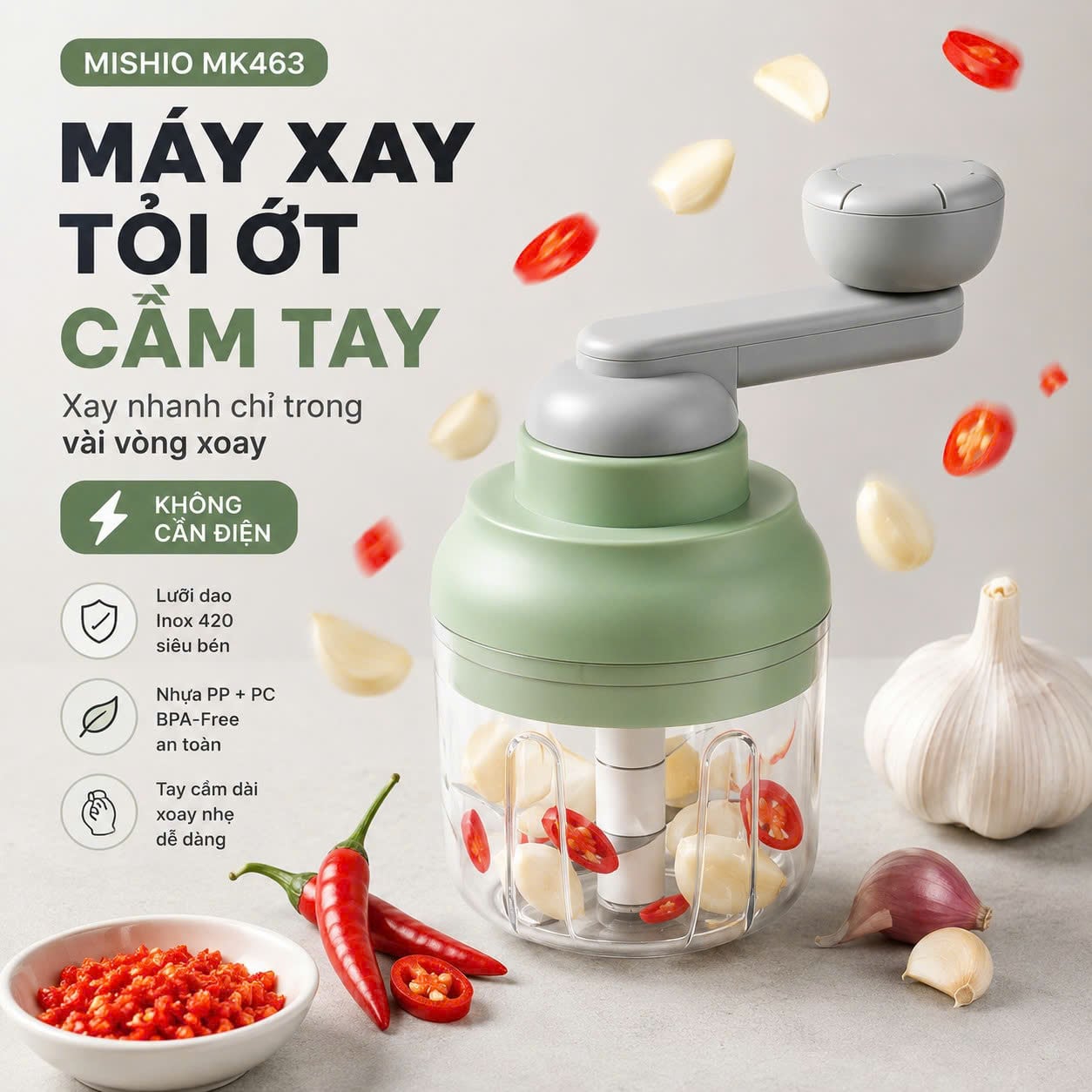 Máy Xay Tỏi Ớt Cầm Tay Mishio MK463 - Xoay tay siêu bền, dễ tháo lắp vệ sinh