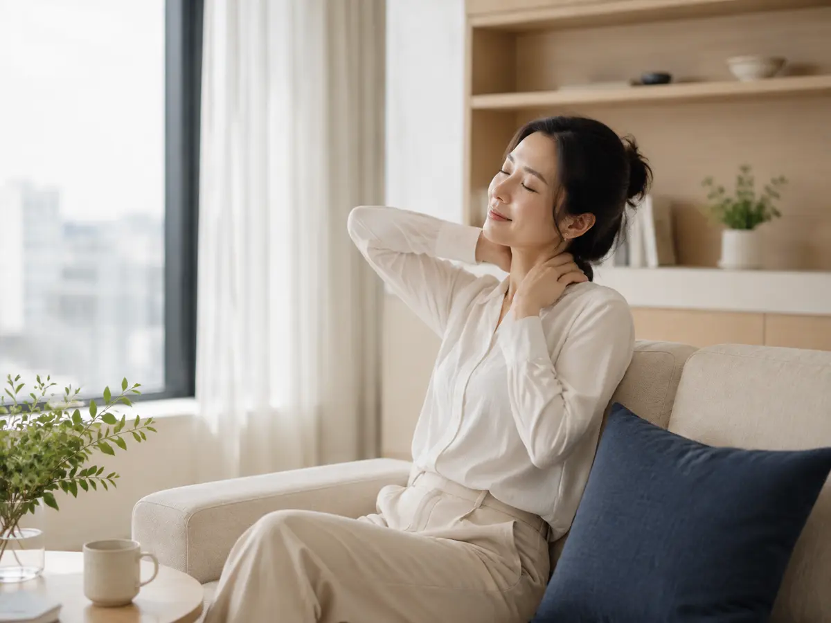 Người phụ nữ thư giãn cổ vai trong phòng khách sáng