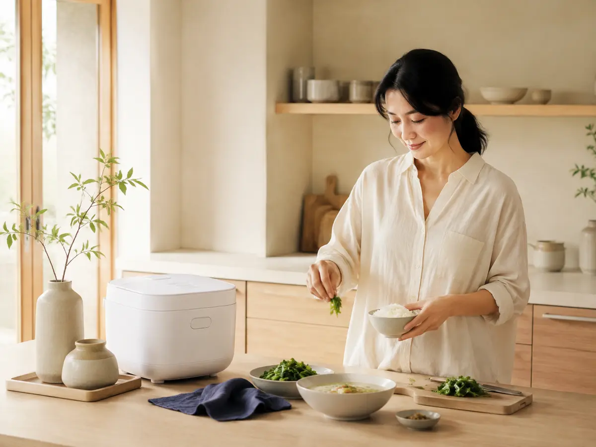 Người phụ nữ chuẩn bị bữa cơm nhà bên nồi cơm điện trong căn bếp sáng