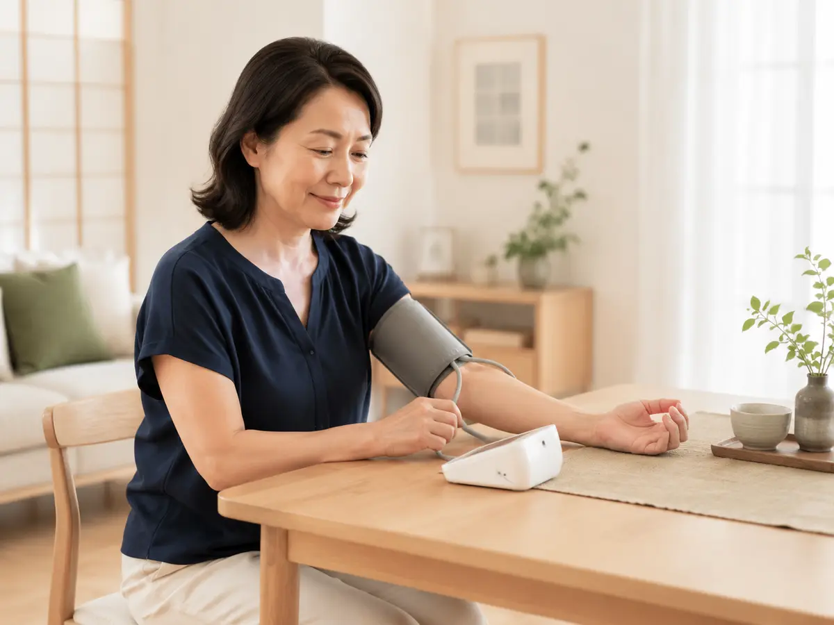 Người phụ nữ đo huyết áp bắp tay đúng tư thế tại nhà