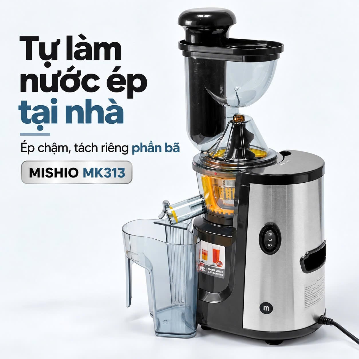 Máy ép chậm Mishio MK313 – Ống tiếp 7,4cm, 2 cốc 1L
