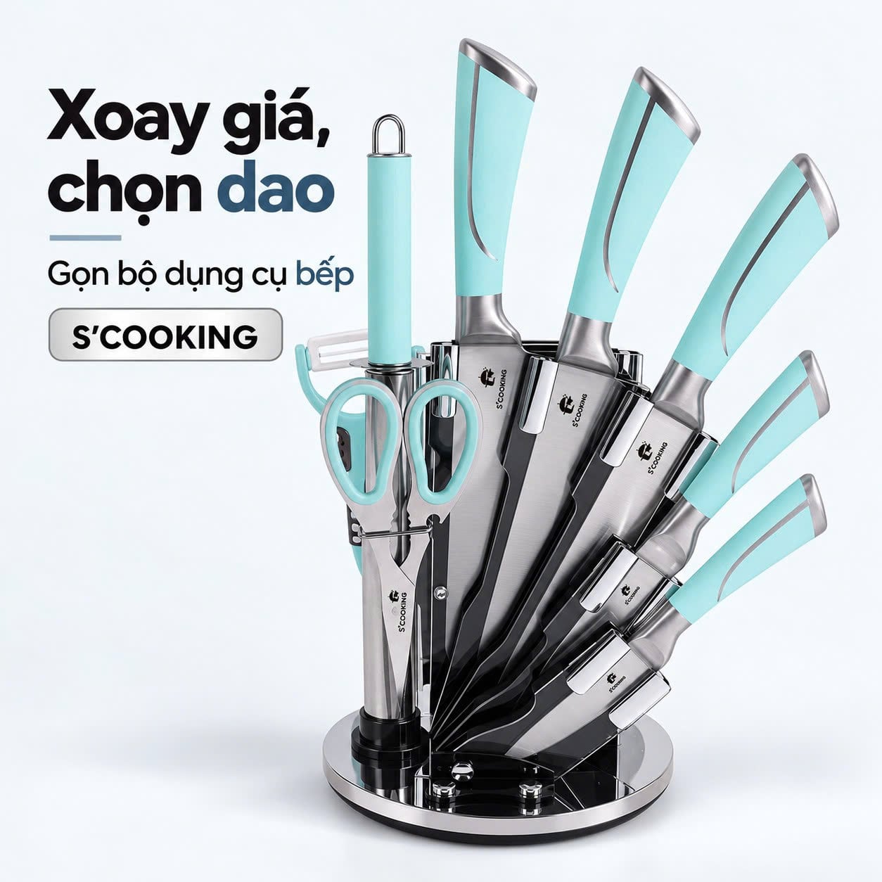 Bộ dao kéo S'Cooking 9 món – Thép không gỉ, giá xoay 360°