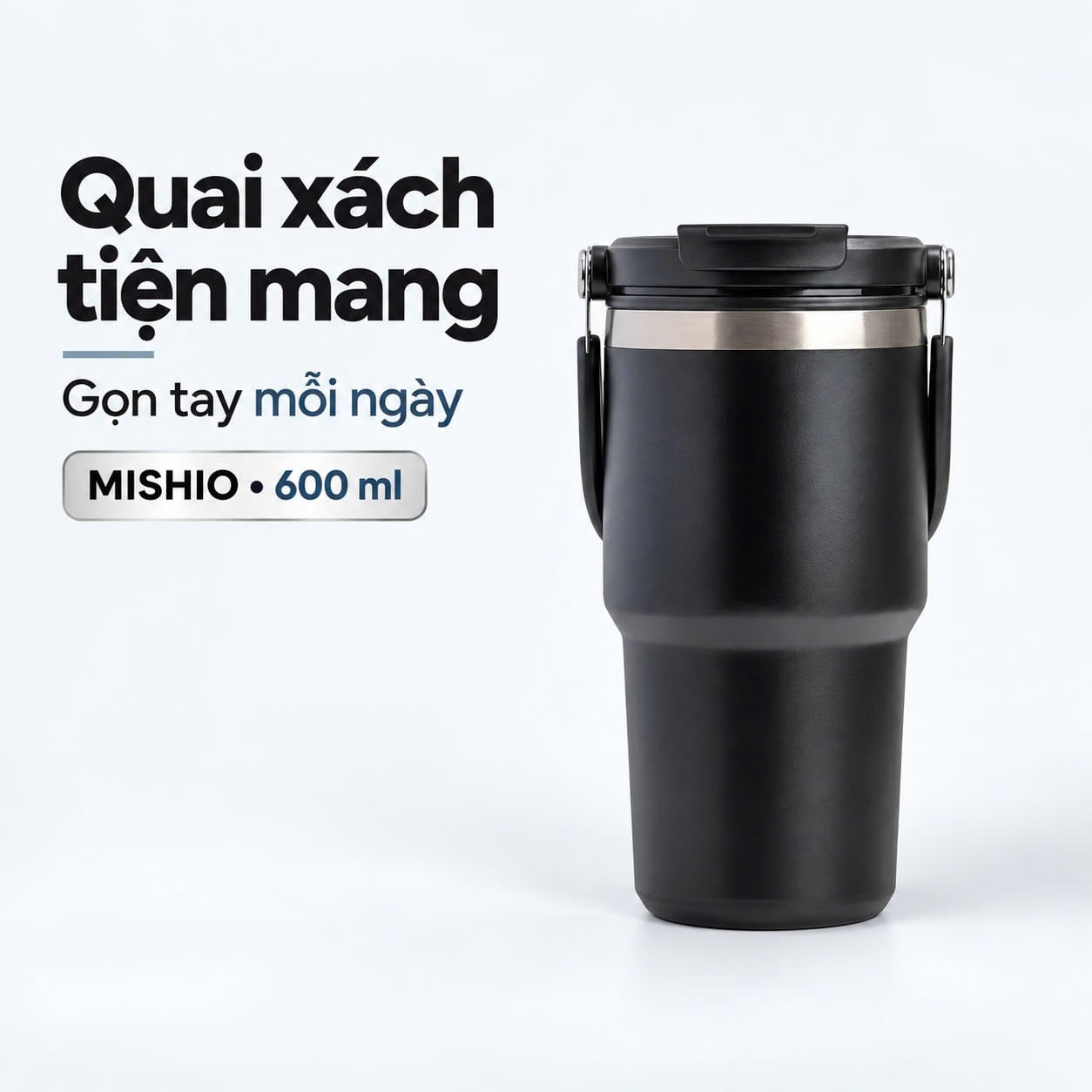 Ly giữ nhiệt inox 304 Mishio – 600ml/900ml, quai & ống hút