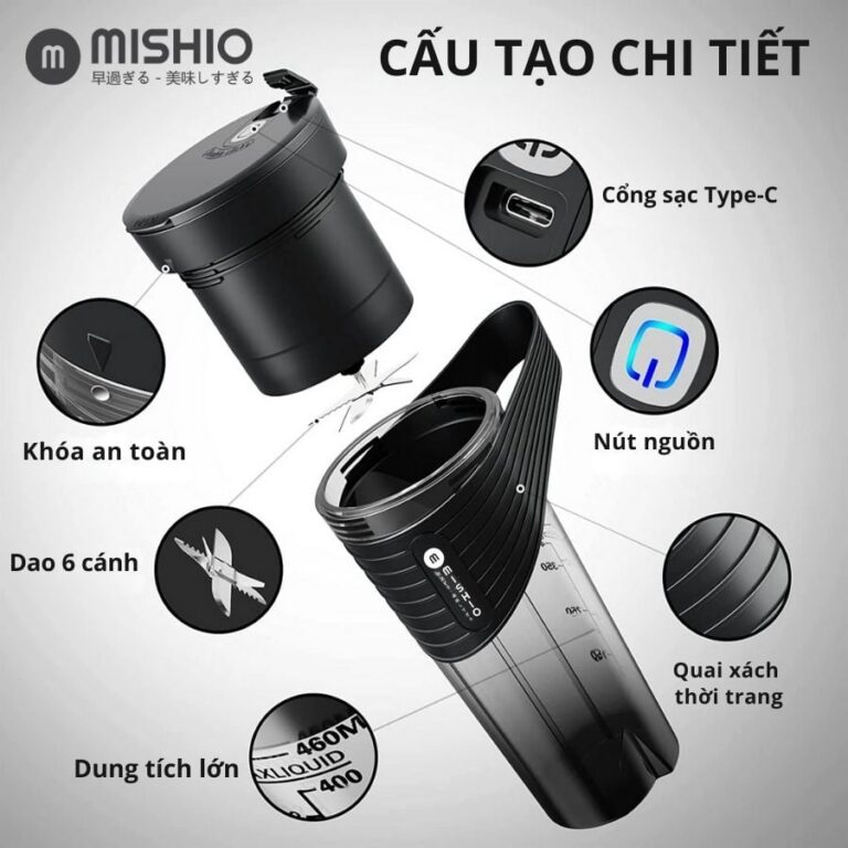 Máy xay sinh tố cầm tay Mishio MK371 460ml, pin sạc