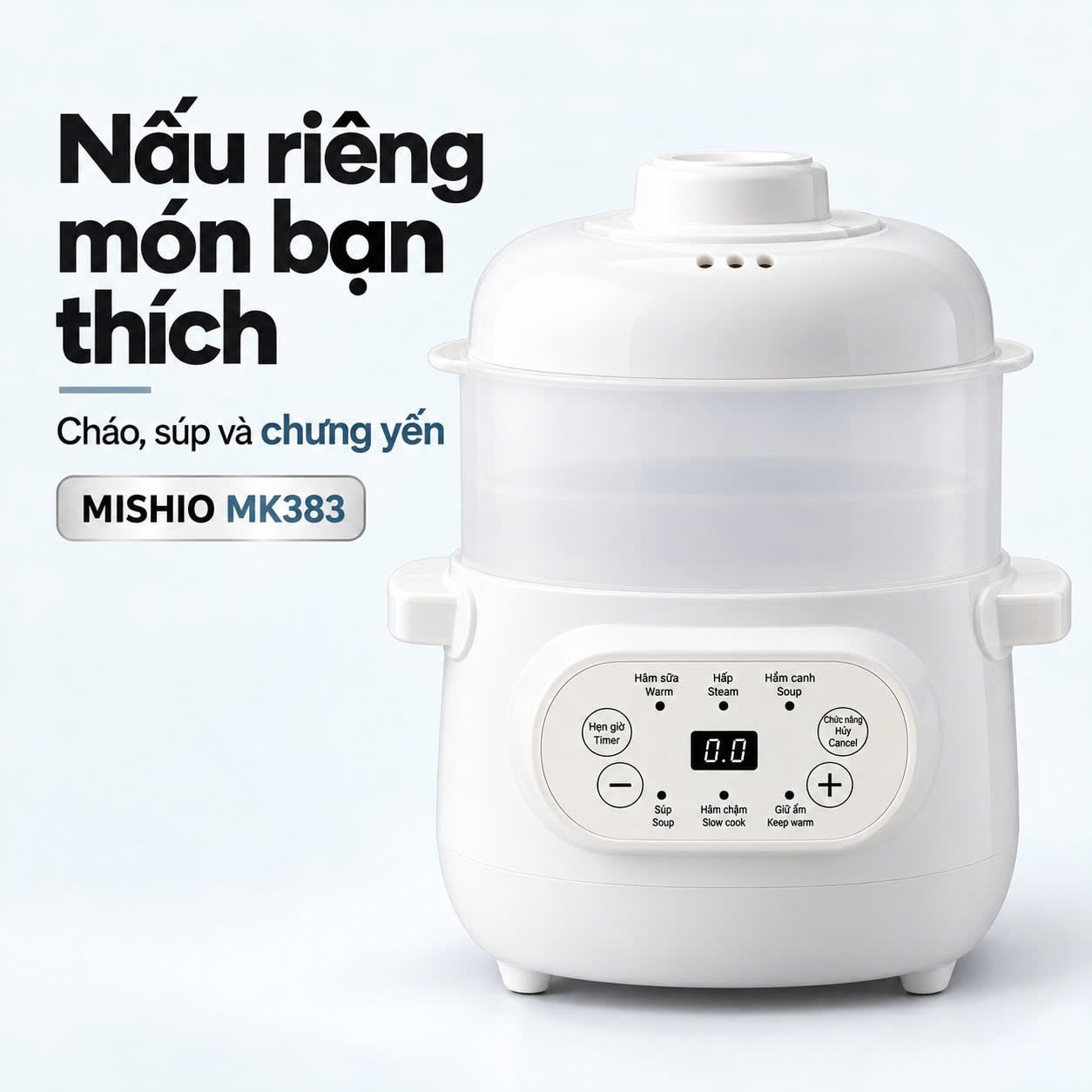 Nồi nấu chậm lòng sứ Mishio MK383 1L, nấu cháo và chưng yến