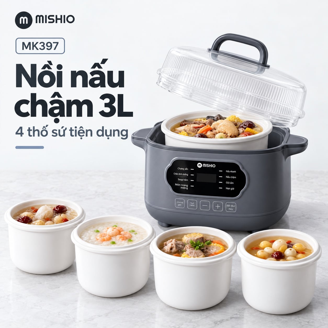 Nồi nấu chậm lòng sứ Mishio MK397 3L, 4 thố 300ml