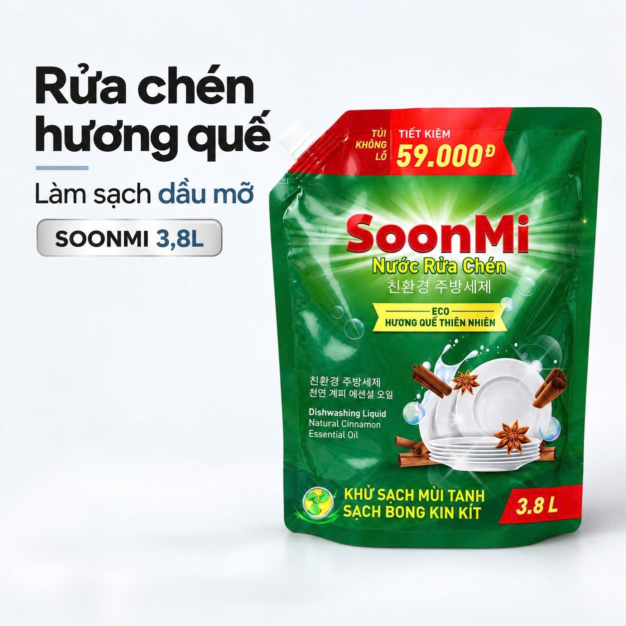 Nước rửa chén Soonmi hương quế – Túi lớn 3,8L