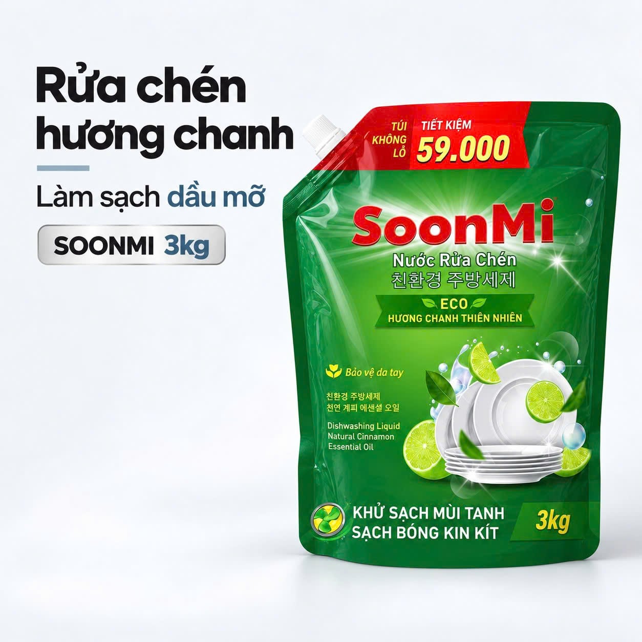 Nước rửa chén Soonmi hương chanh – Túi 1,2kg & 3kg