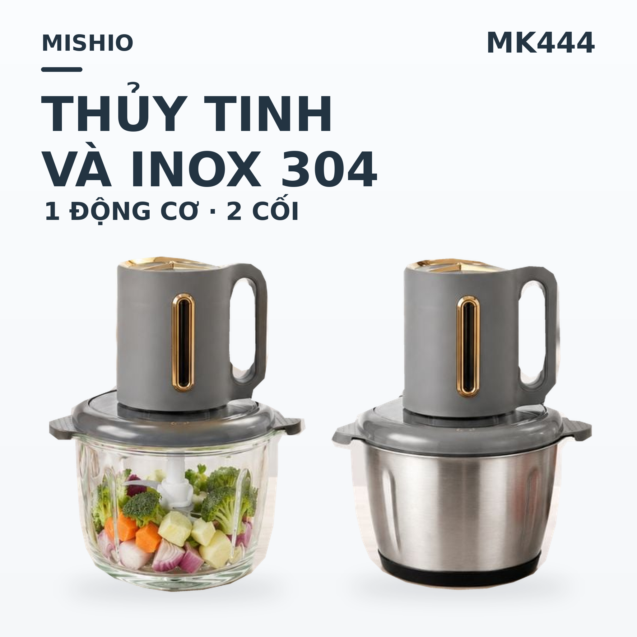 Máy Xay Thực Phẩm Đa Năng Mishio MK444 (2.0L) - Cối Thủy Tinh tặng cối Inox 304 Phân Loại Thực Phẩm Sống Chín