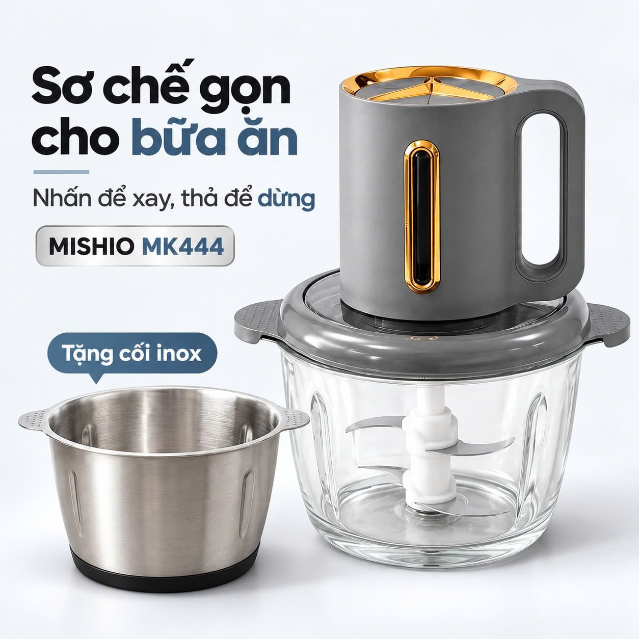 Máy xay thực phẩm Mishio MK444 2L, 2 cối thủy tinh và inox