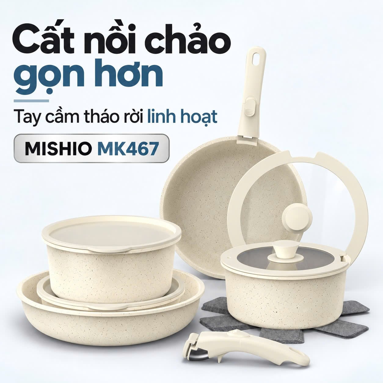 Bộ nồi chảo phủ gốm Mishio MK467 15 món, tay cầm tháo rời