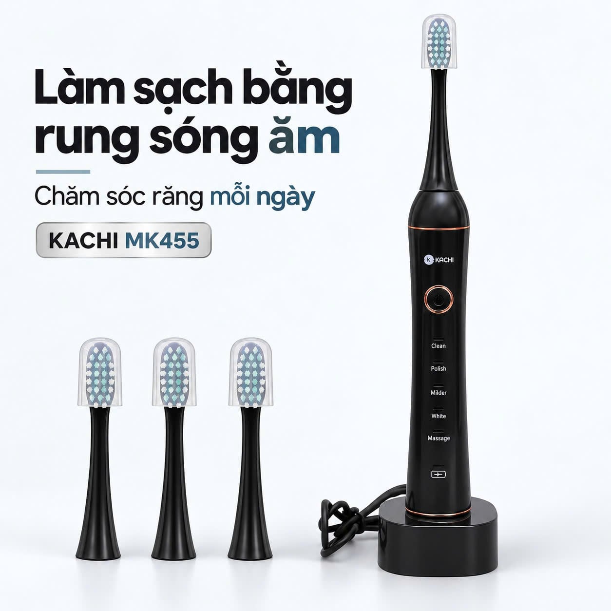 Bàn chải điện Kachi MK455 – Rung sóng âm 38.000 lần/phút, 5 chế độ