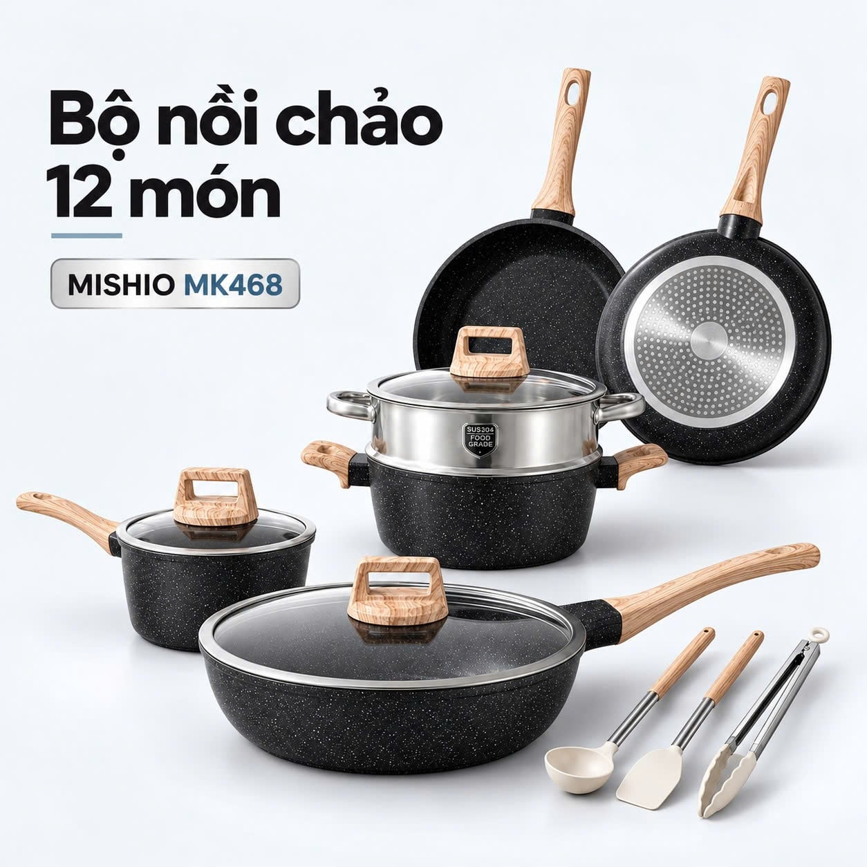 Bộ nồi chảo chống dính Mishio MK468 12 món, đáy từ