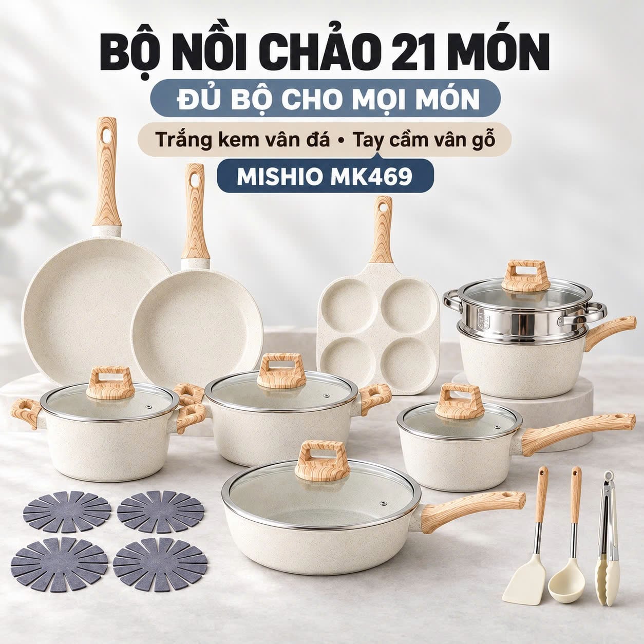 Bộ nồi chảo chống dính Mishio MK469 21 món, trắng kem
