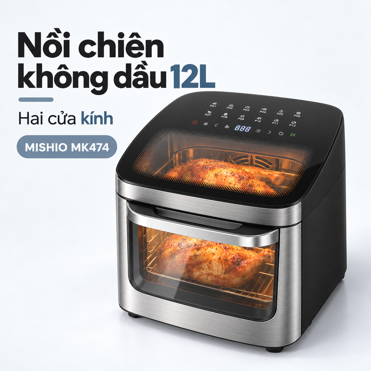 Nồi chiên không dầu Mishio MK474 12L, cảm ứng, cửa kính