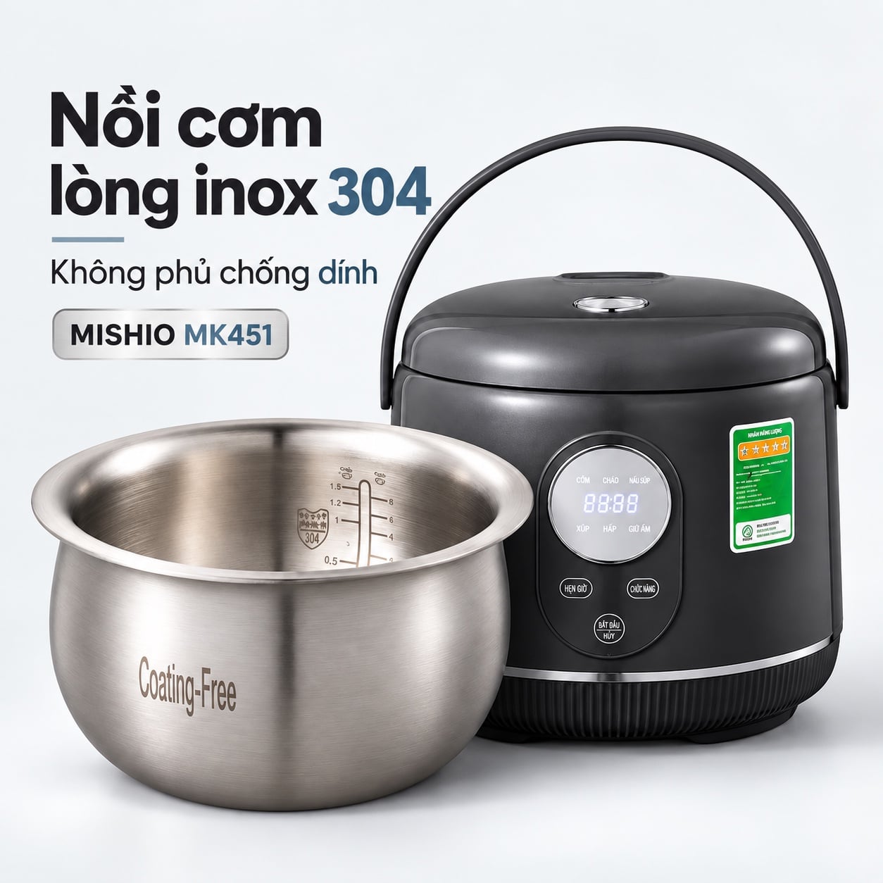 Nồi cơm inox 304 Mishio MK451/MK452 – 1,2L và 1,8L