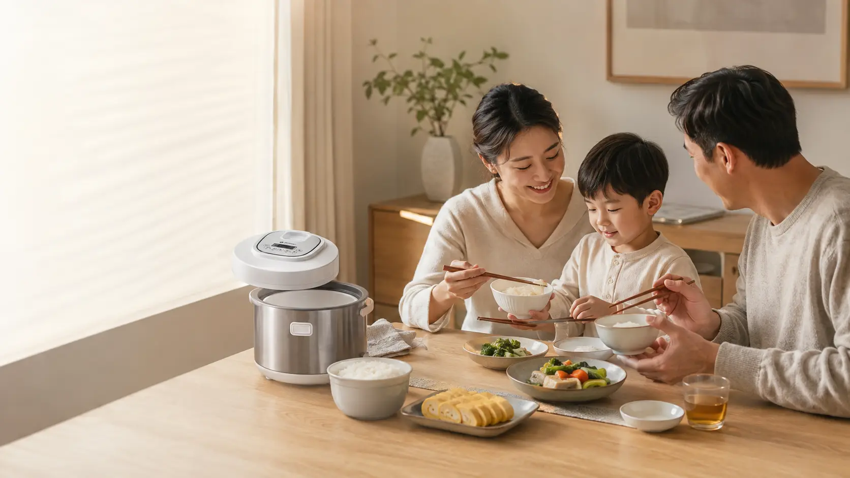Nồi cơm điện lòng sứ Mishio trong không gian bếp gia đình